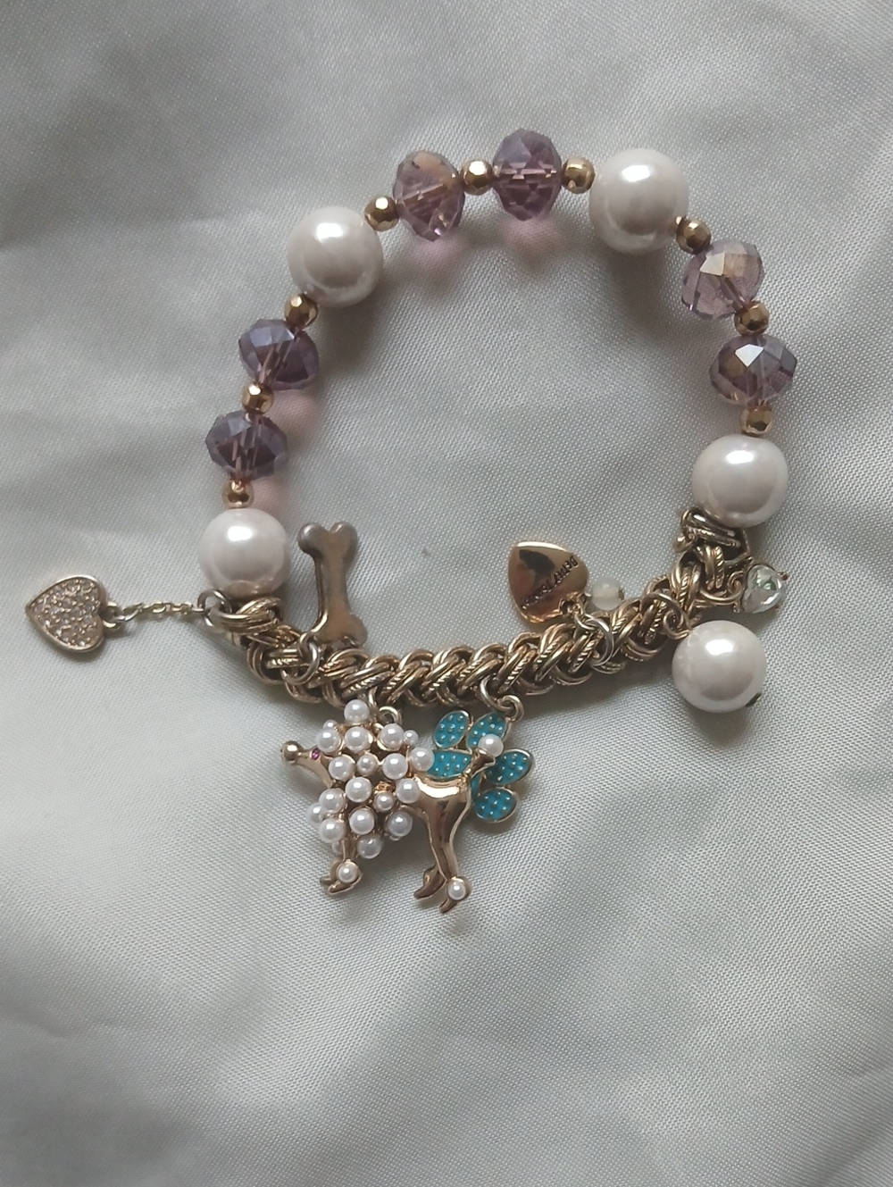Gold Tone Pearl & Purple Crystal Poodle Charm Bracelet -Betsey Johnson